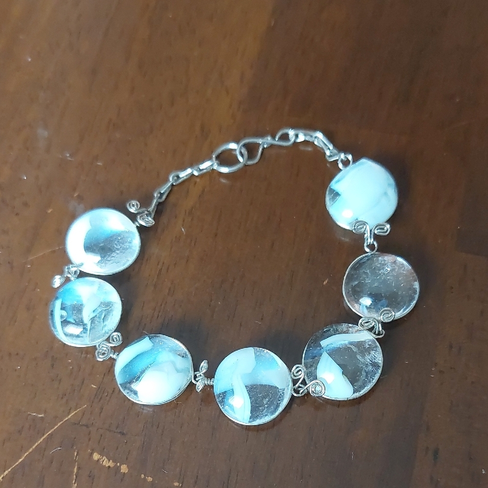 Artisan White Marbled Clear Glass Cabochon Wire Work Bracelet
